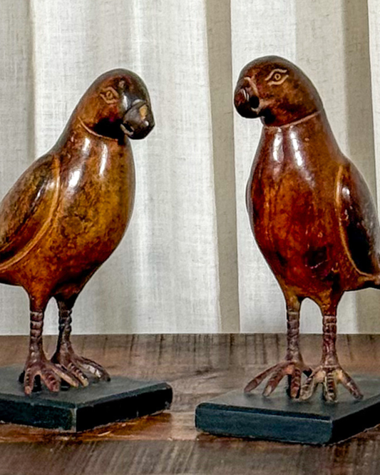 Cast Iron Parrot Sculpture on Wood Base (Set of 2)