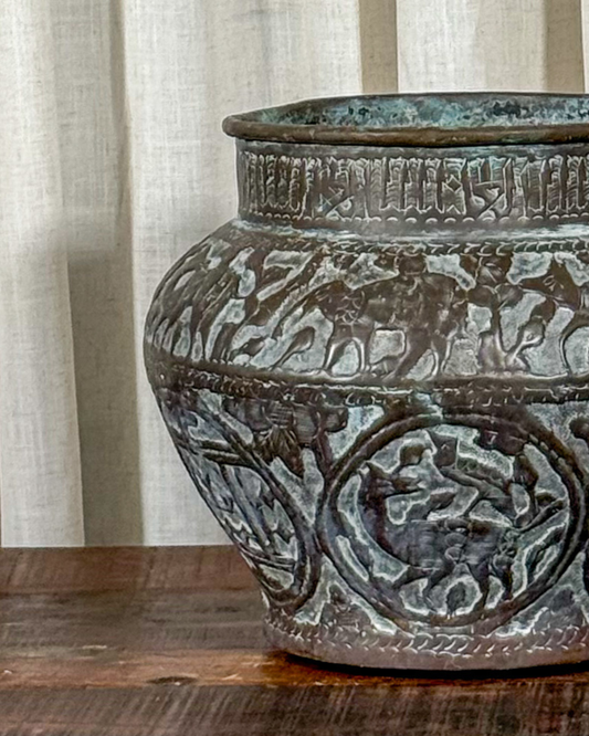 Egyptian Revival Etched Brass Pot