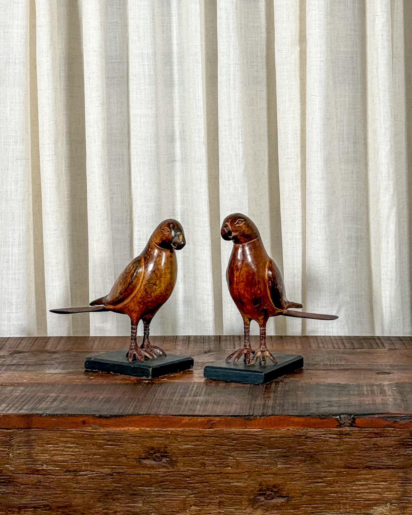 Cast Iron Parrot Sculpture on Wood Base (Set of 2)