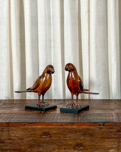 Cast Iron Parrot Sculpture on Wood Base (Set of 2)