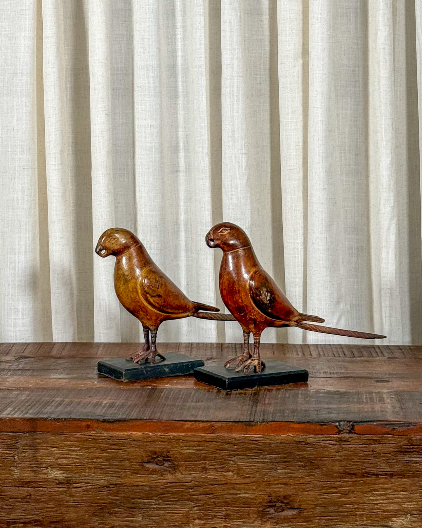 Cast Iron Parrot Sculpture on Wood Base (Set of 2)