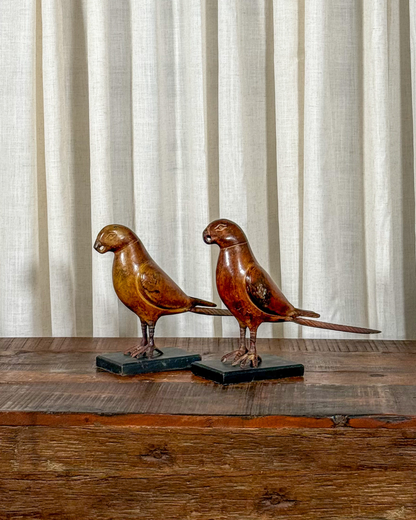 Cast Iron Parrot Sculpture on Wood Base (Set of 2)