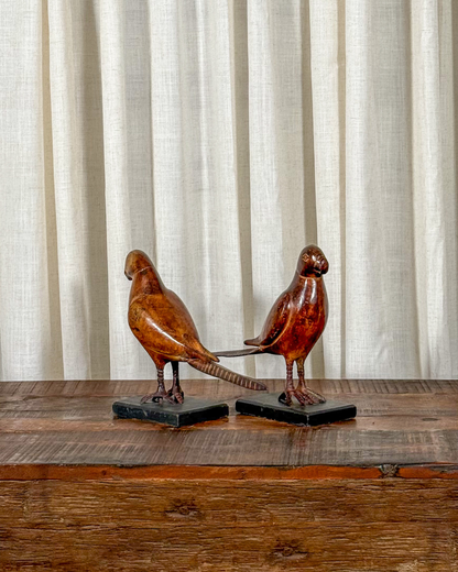Cast Iron Parrot Sculpture on Wood Base (Set of 2)