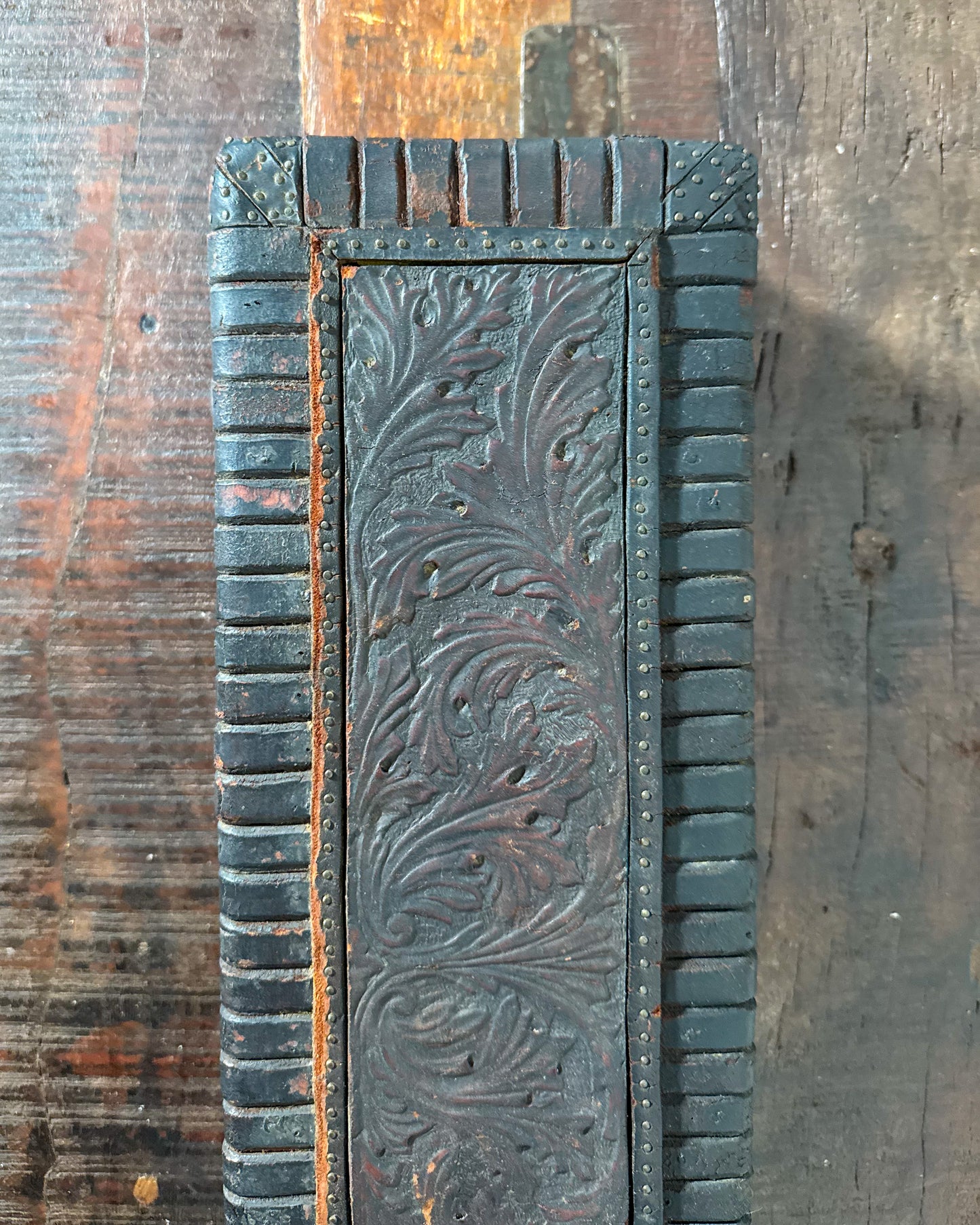 Leather-Clad Wooden Box with Metal Studs