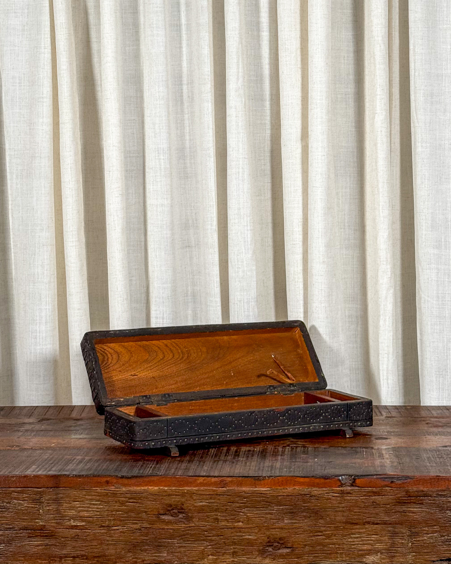 Leather-Clad Wooden Box with Metal Studs