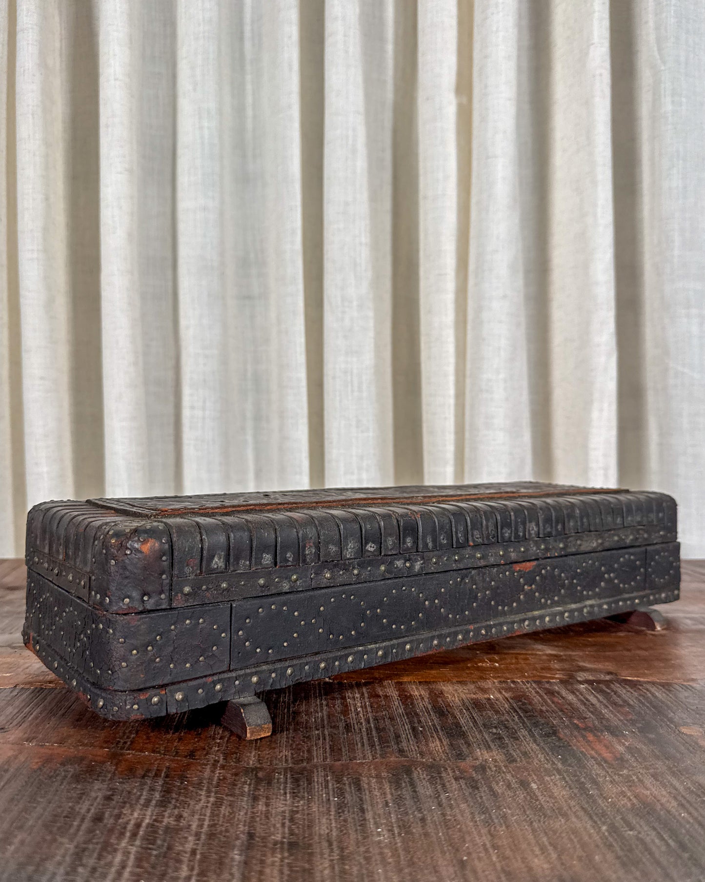 Leather-Clad Wooden Box with Metal Studs
