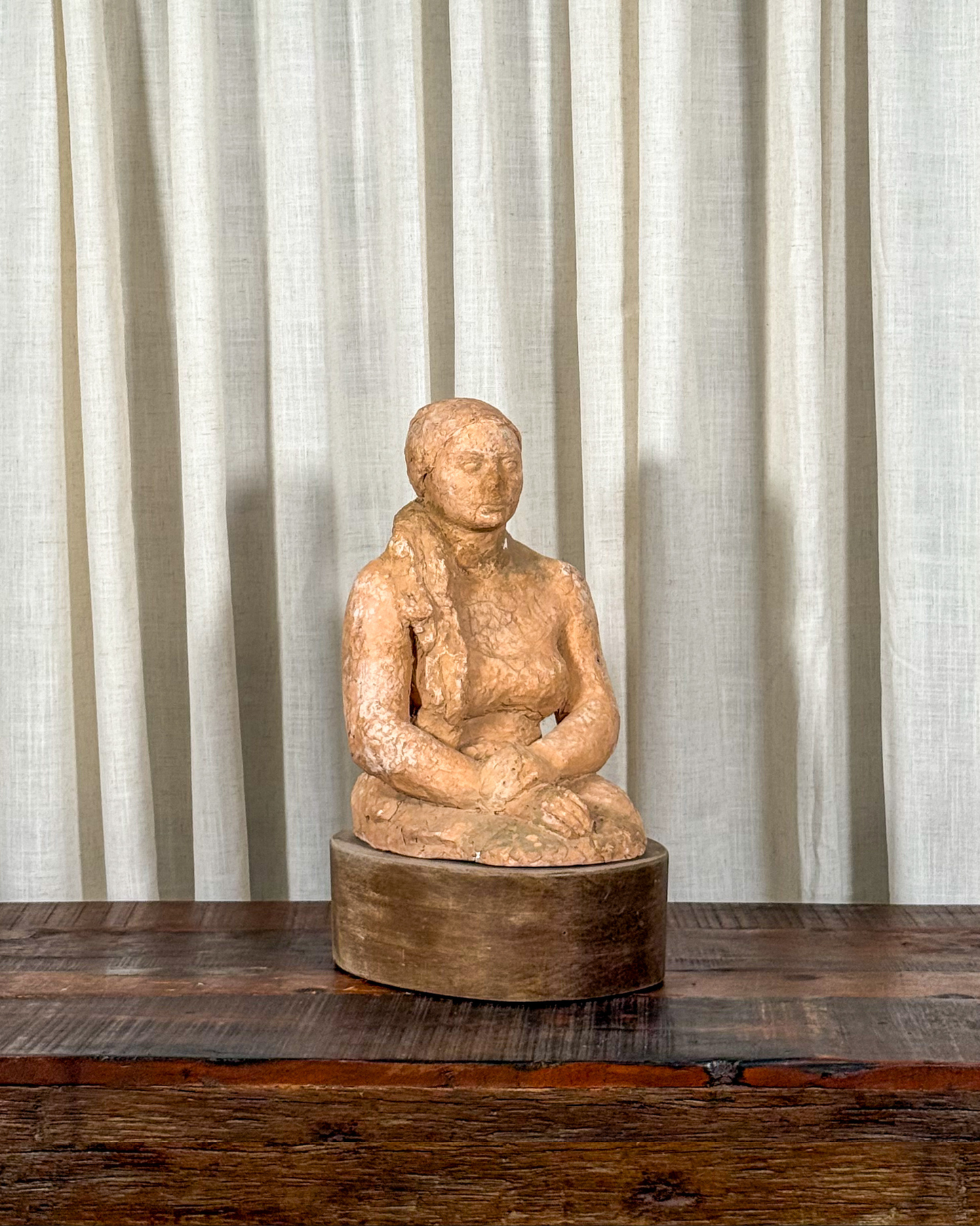 Terracotta Female Sculpture on Wood Base