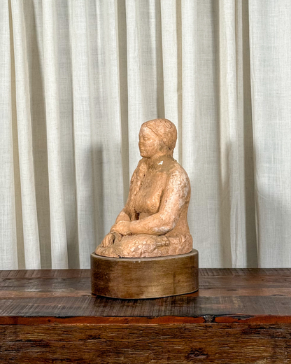 Terracotta Female Sculpture on Wood Base