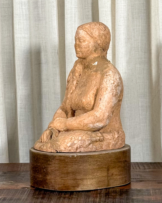 Terracotta Female Sculpture on Wood Base