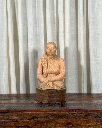 Terracotta Female Sculpture on Wood Base