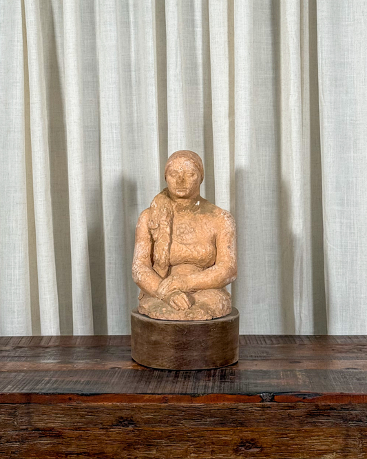Terracotta Female Sculpture on Wood Base